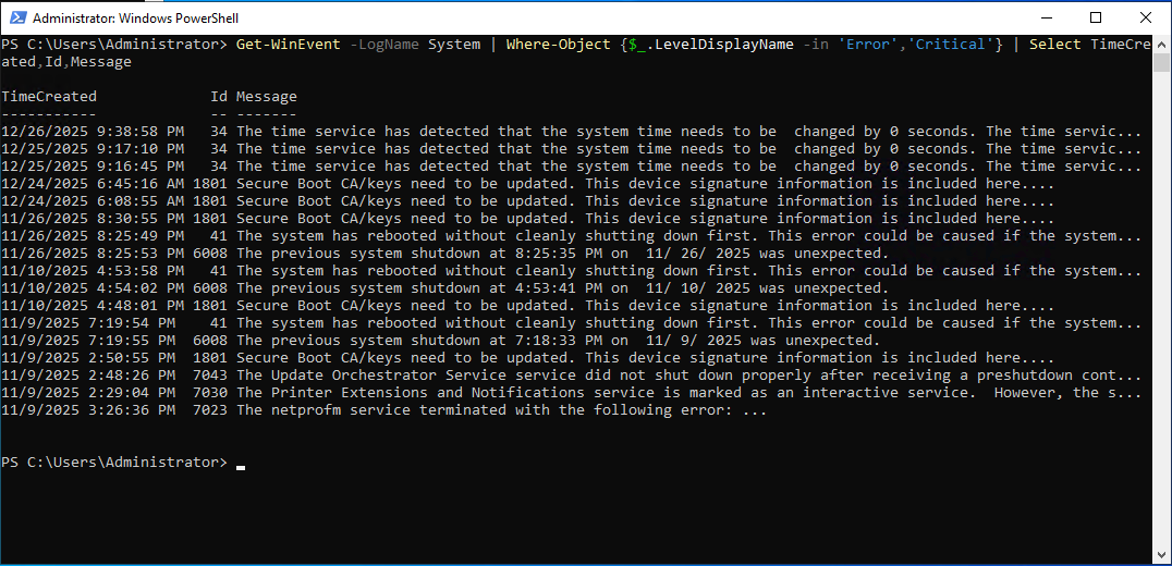 Error and critical system events